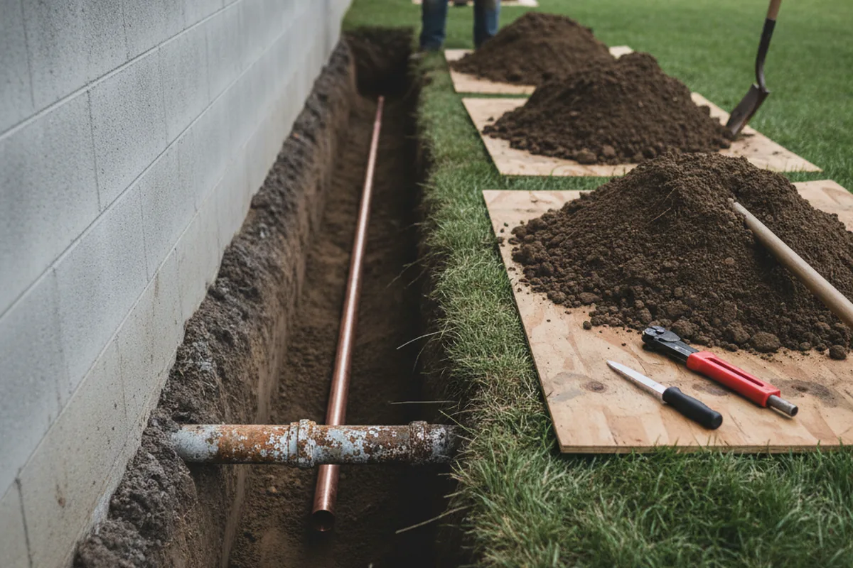 Excavated water line trench during Water Softener Installation in Newell